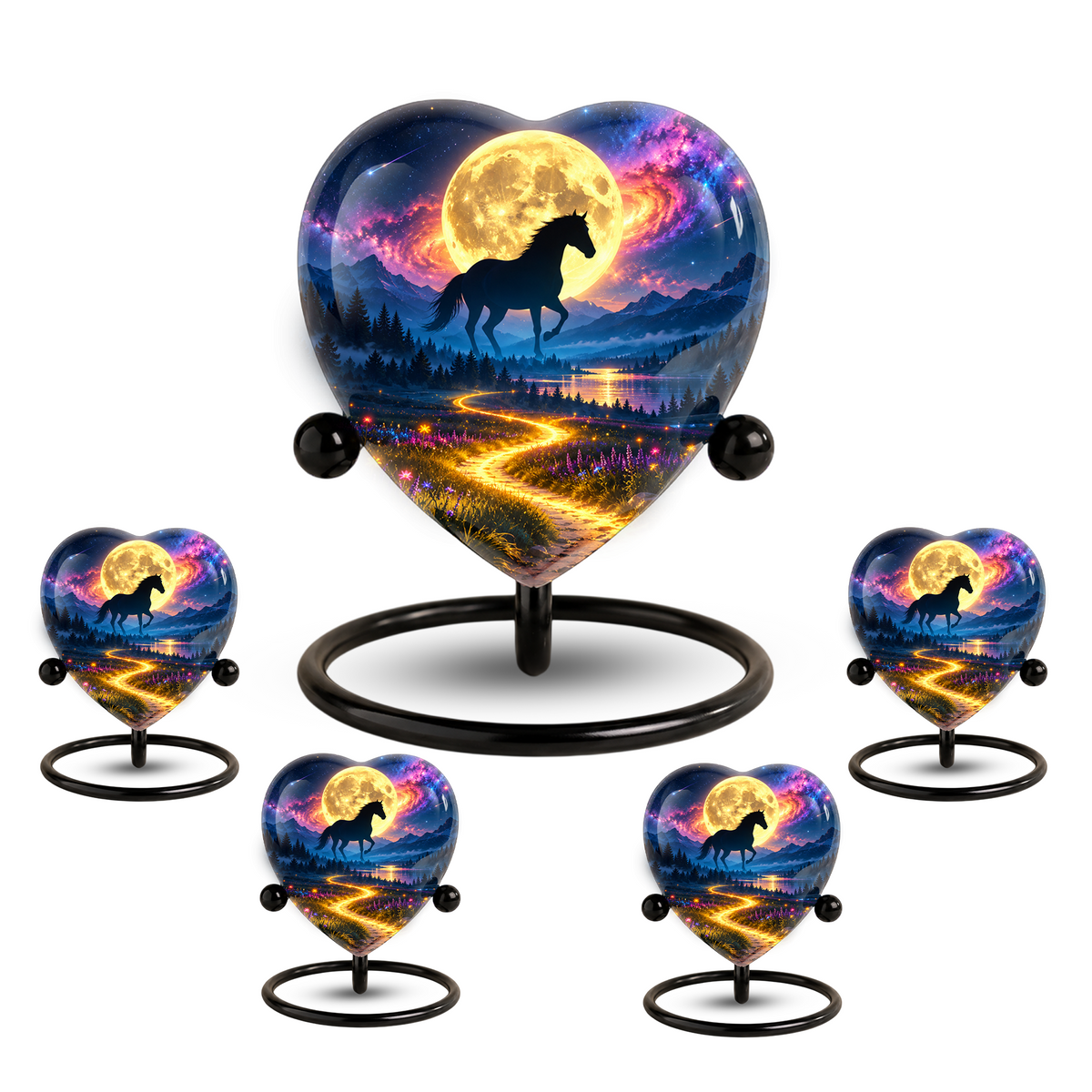 Horse Adult Urn for Ashes, Black Horse and Golden Moon Memorial Urn, Celestial Mountain Cremation Urn