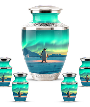 Northern Lights Penguin Cremation Urn for Human Ashes, Personalized Memorial Urn