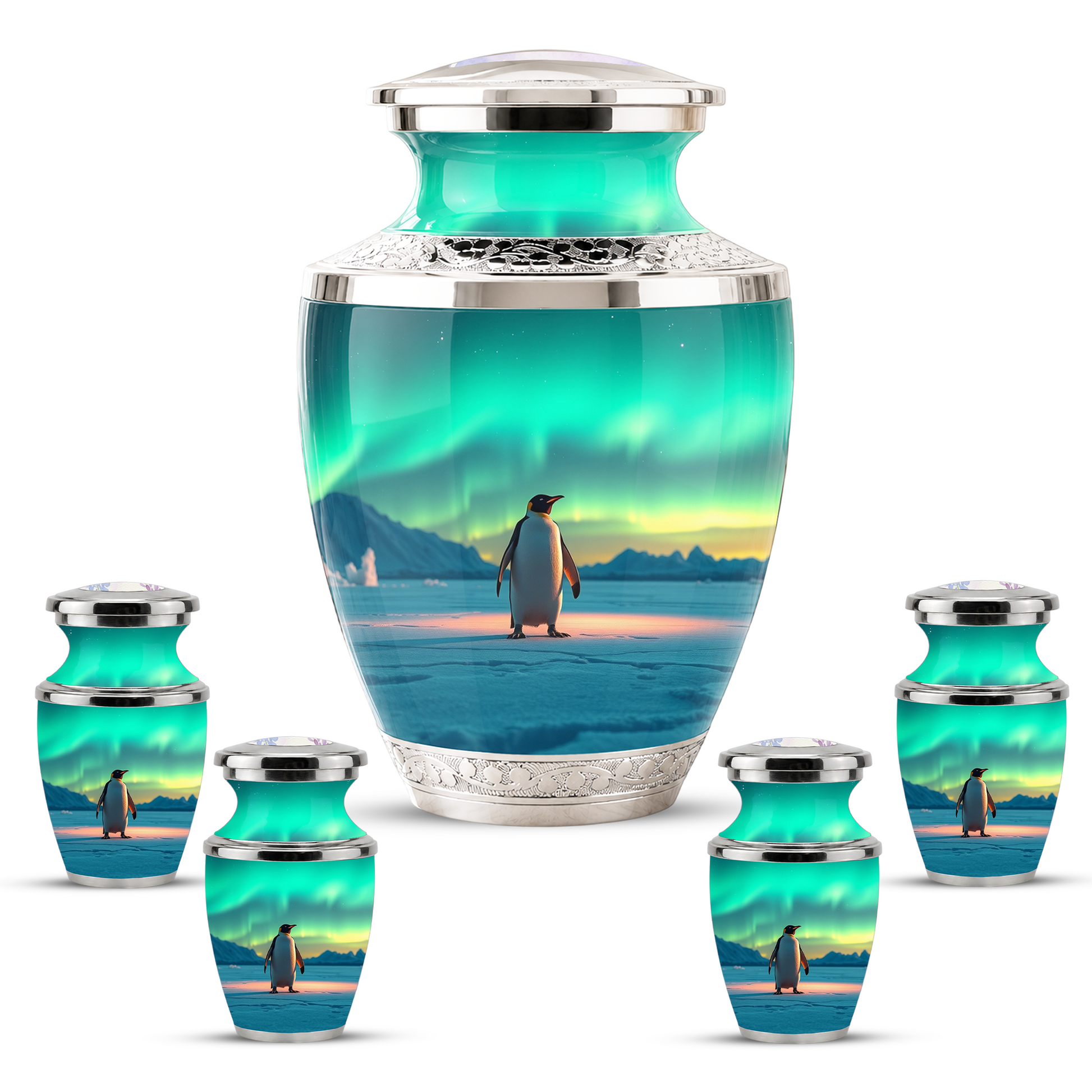 Northern Lights Penguin Cremation Urn for Human Ashes, Personalized Memorial Urn