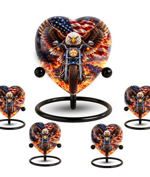 Heart Shaped Eagle Motorcycle Urn for Ashes, American Flag Cremation Urn, Patriotic Biker Memorial Urn for Human Ashes