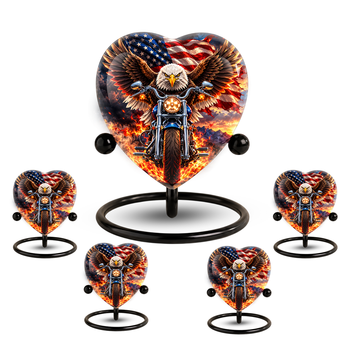Heart Shaped Eagle Motorcycle Urn for Ashes, American Flag Cremation Urn, Patriotic Biker Memorial Urn for Human Ashes