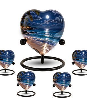 Beach Sunset Heart Cremation Urn for Ashes, Moonlit Ocean Urn, Personalized Coastal Urn