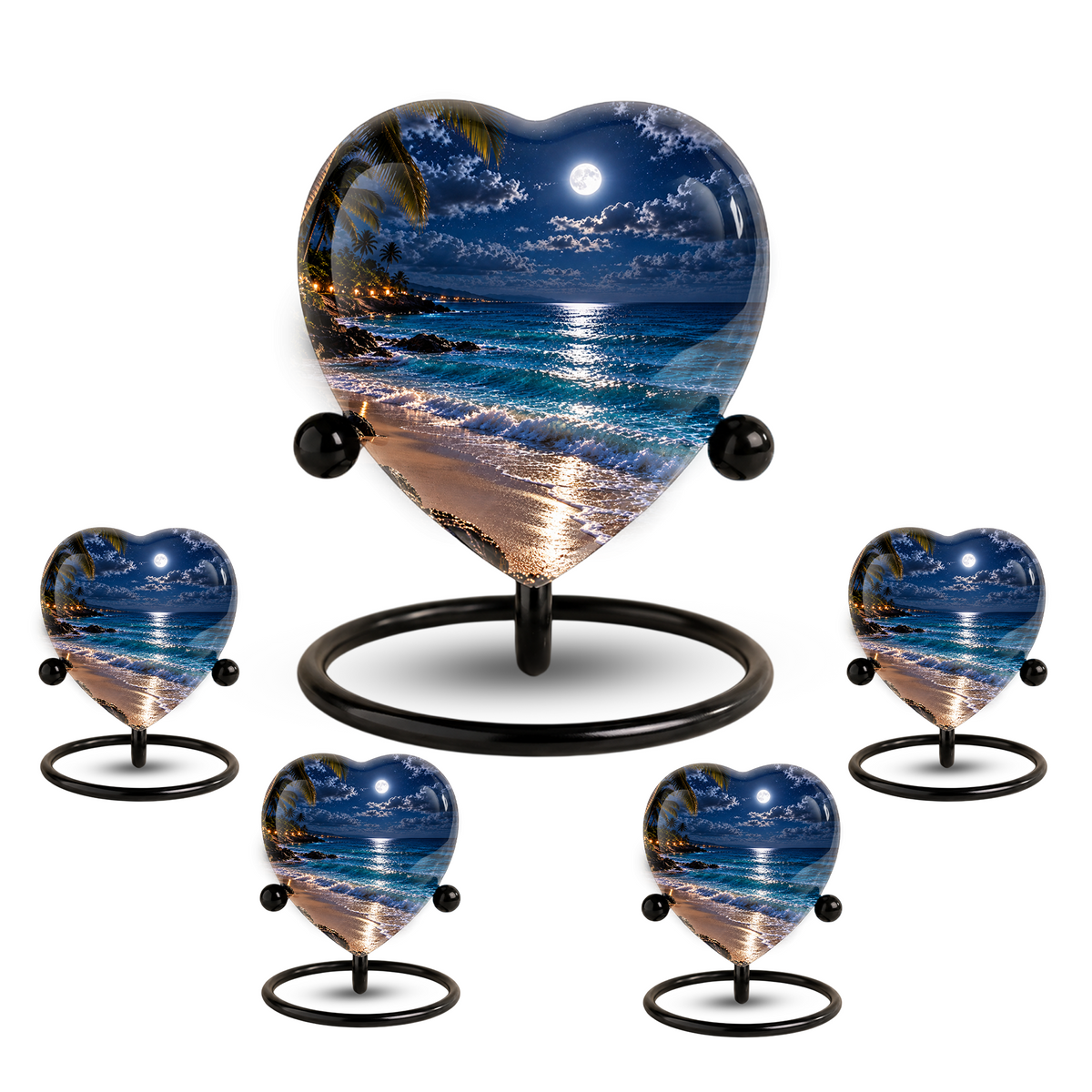 Beach Sunset Heart Cremation Urn for Ashes, Moonlit Ocean Urn, Personalized Coastal Urn