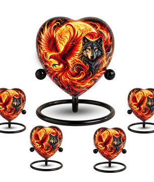 Heart Shaped Wolf and Phoenix Urn for Ashes, Personalized Fantasy Cremation Urn