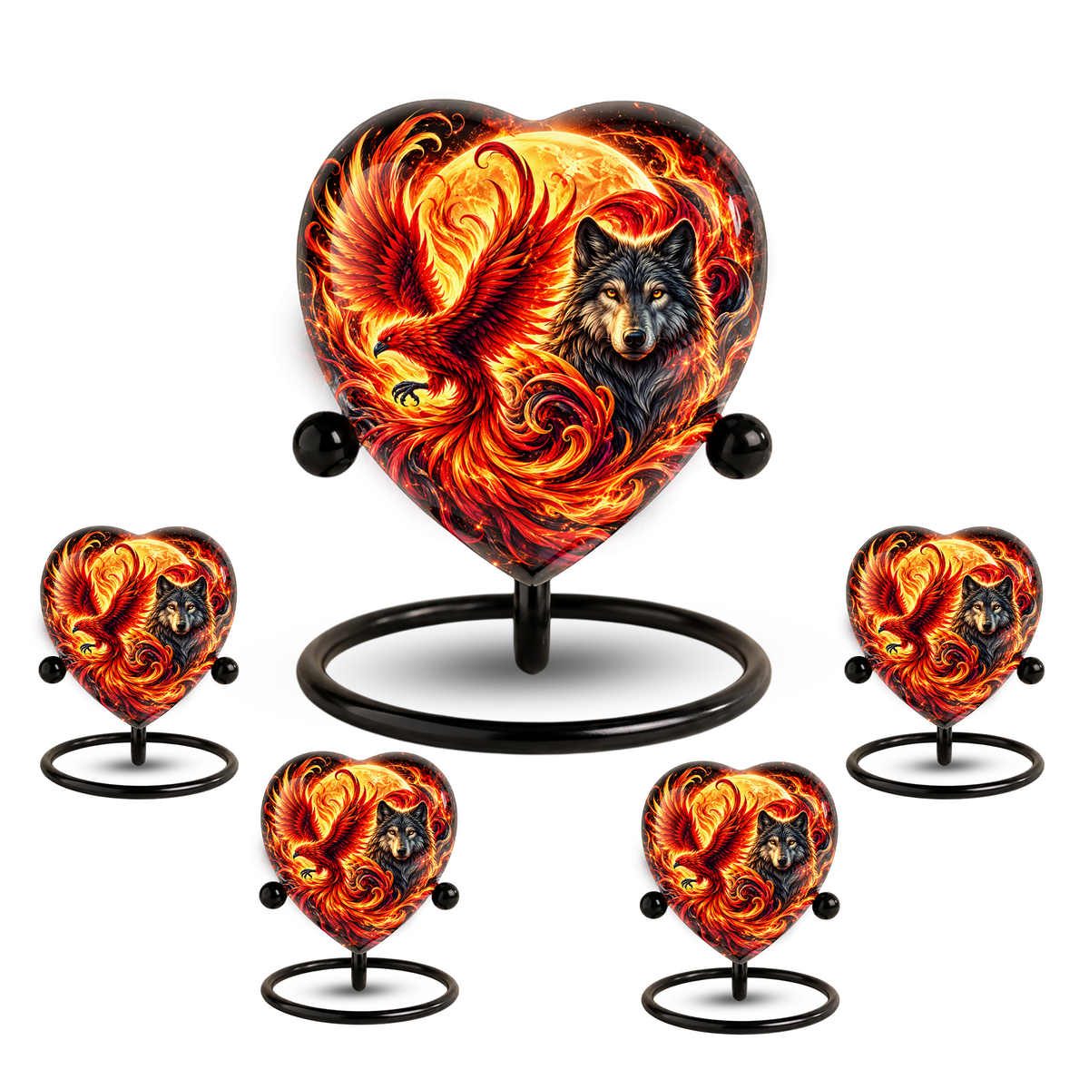 Heart Shaped Wolf and Phoenix Urn for Ashes, Personalized Fantasy Cremation Urn