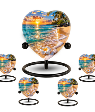 Beach Sunset Cremation Urn for Ashes, Tropical Ocean Memorial Urn, Heart Shaped Beach Urn, Personalized Coastal Urn,