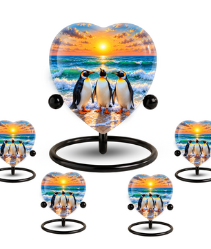 Penguin Beach Cremation Urn for Ashes, Penguin Memorial Urn, Ocean Sunset Urn, Heart Shaped Cremation Urn