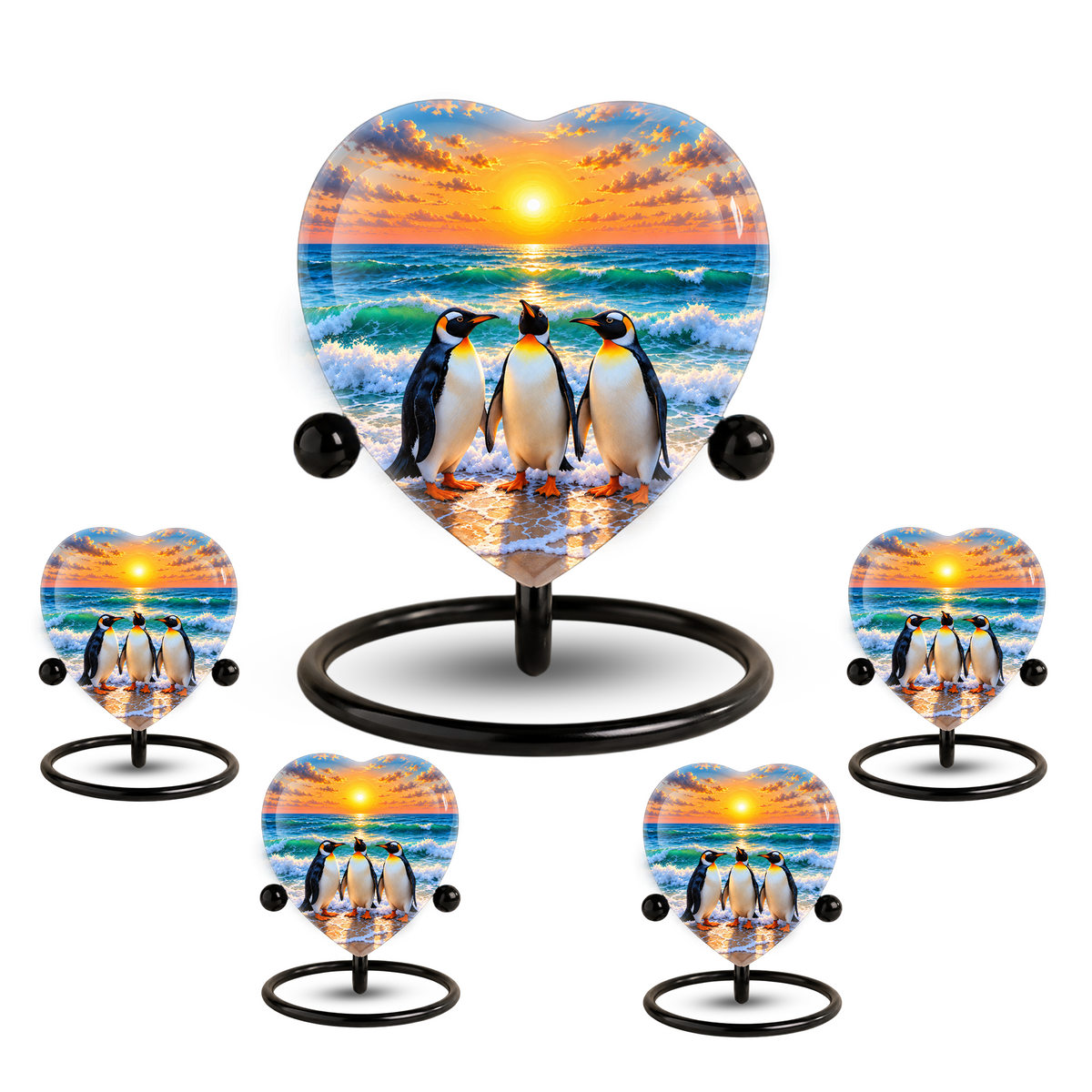 Penguin Beach Cremation Urn for Ashes, Penguin Memorial Urn, Ocean Sunset Urn, Heart Shaped Cremation Urn