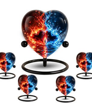 Heart Shaped Red and Blue Hearts Urn for Ashes, Flame Cremation Urn, Romantic Love Memorial Urn for Human Ashes