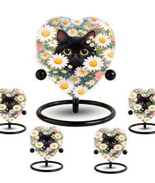 Personalized Black Cat Urn for Ashes – Heart-Shaped White Daisy Memorial,Floral Cat Cremation Urn