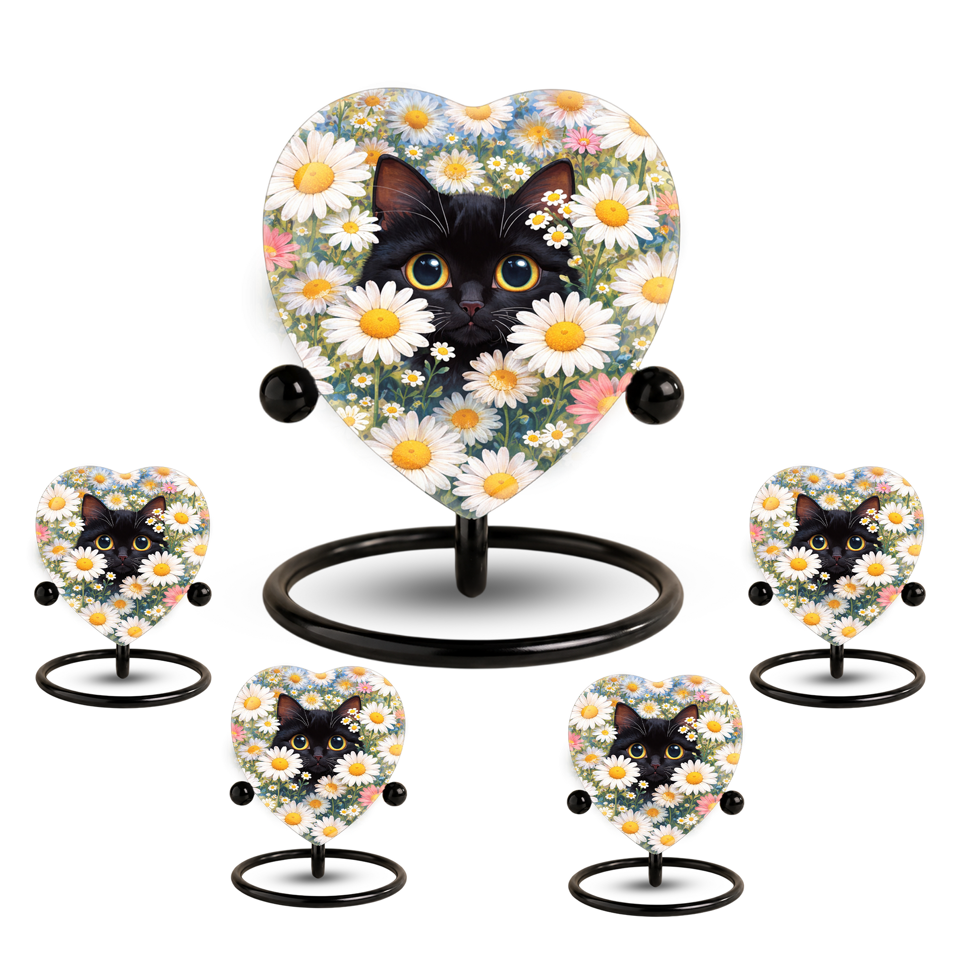 Personalized Black Cat Urn for Ashes – Heart-Shaped White Daisy Memorial,Floral Cat Cremation Urn