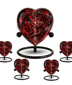 Red Dragon Cremation Urn for Ashes, Dragon Cross Memorial Urn, Gothic Fantasy Adult Urn, Personalized Dragon Urn for Men, Heart Shaped Urn