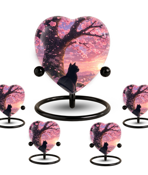 Cherry Blossom Cat Memorial Urn – Black Cat Sunset Heart Urn,Cat Memorial Keepsake Urn for Ashes
