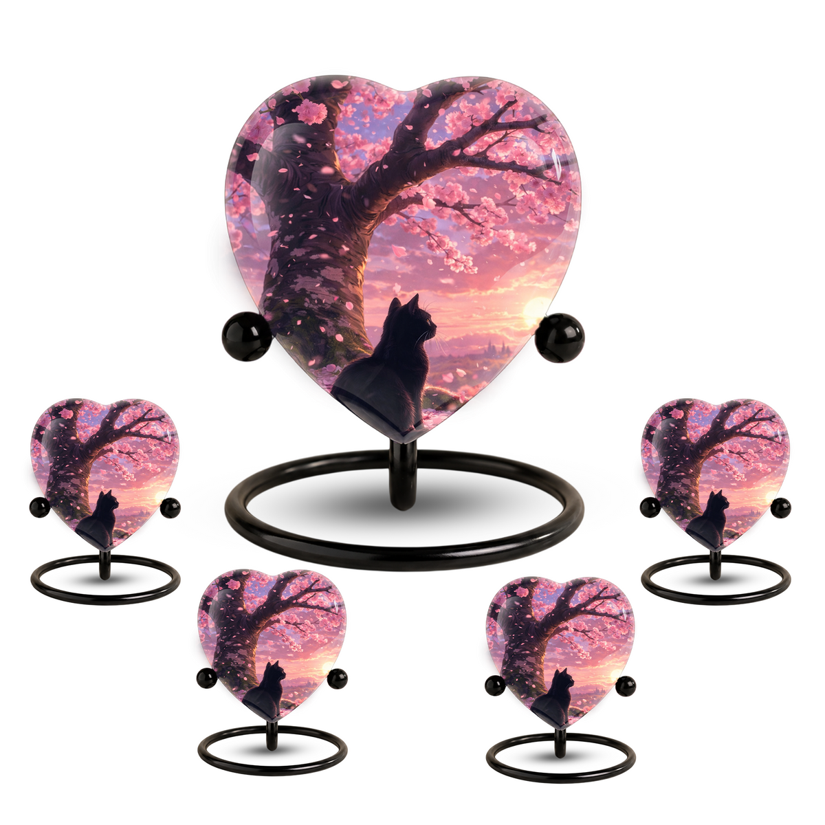 Cherry Blossom Cat Memorial Urn – Black Cat Sunset Heart Urn,Cat Memorial Keepsake Urn for Ashes