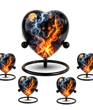 Fire and Ice Wolf Adult Urn for Ashes, Fiery Wolf Memorial Urn, Black Wolf Cremation Urn