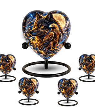 Heart Shaped Wolf and Eagle Urn for Ashes, Wildlife Cremation Urn, Celestial Moon Animal Memorial Urn