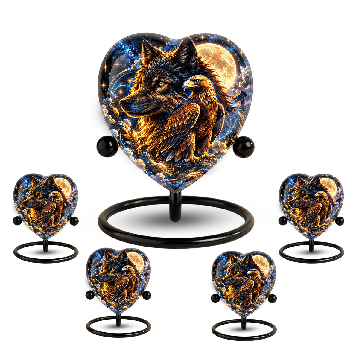 Heart Shaped Wolf and Eagle Urn for Ashes, Wildlife Cremation Urn, Celestial Moon Animal Memorial Urn