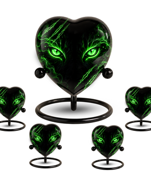 Green Cat Adult Cremation Urn for Ashes, Black Cat Memorial Urn, Gothic Cat Personalized Adult Urn, Heart Shaped Cremation Urn