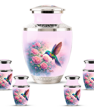 Floral Hummingbird Cremation Urn for Mom, Pink Rose Memorial Keepsake Urn