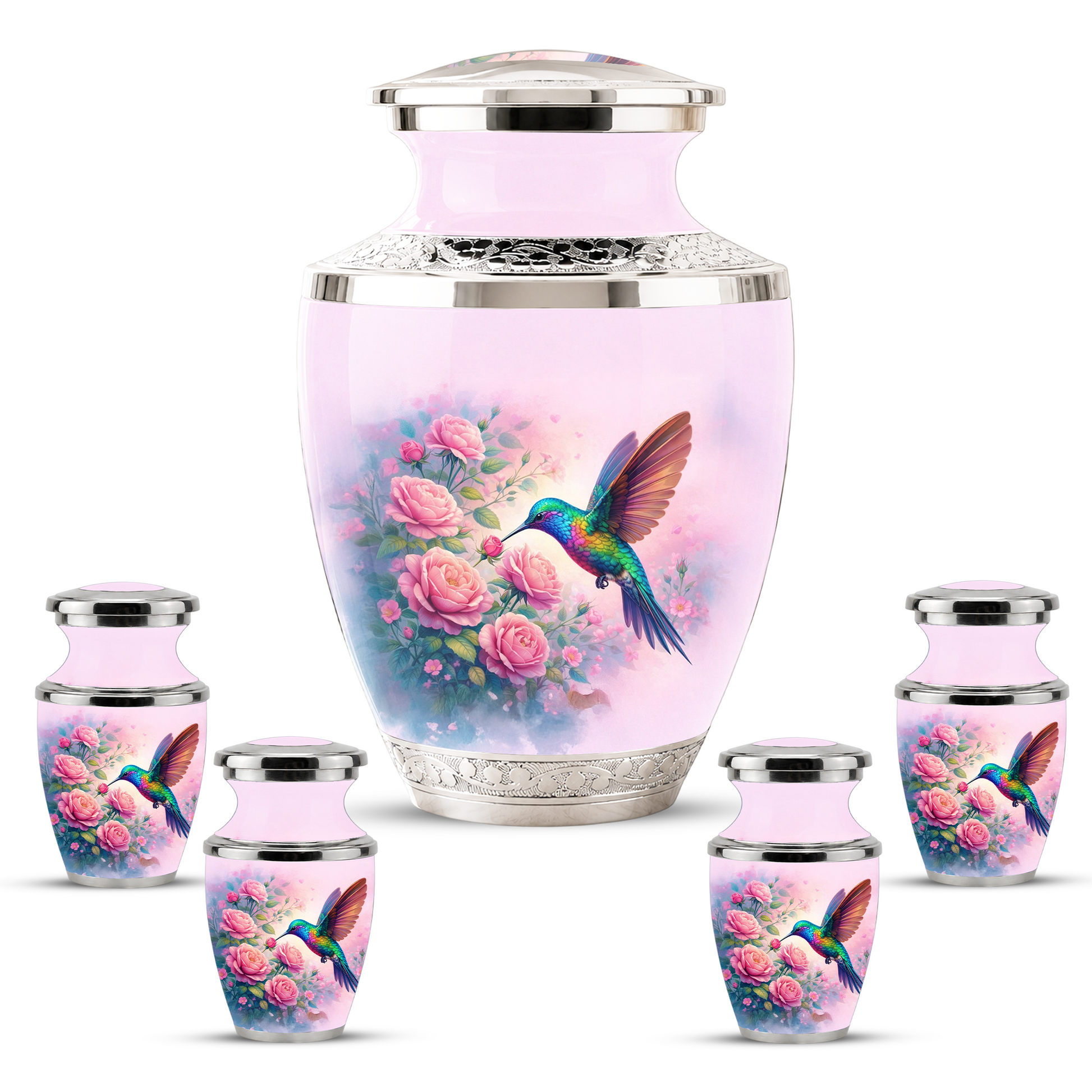 Floral Hummingbird Cremation Urn for Mom, Pink Rose Memorial Keepsake Urn