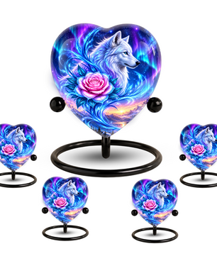 Heart Shaped White Wolf Urn for Ashes, Pink Rose Cremation Urn, Aurora Borealis Wolf Memorial Urn