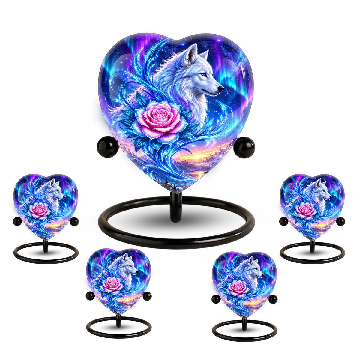 Heart Shaped White Wolf Urn for Ashes, Pink Rose Cremation Urn, Aurora Borealis Wolf Memorial Urn