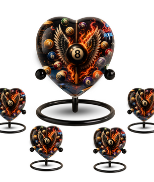 Billiards Cremation Urn, Pool Player Memorial Urn, Heart-Shaped Adult Cremation Urn with Flaming Wings