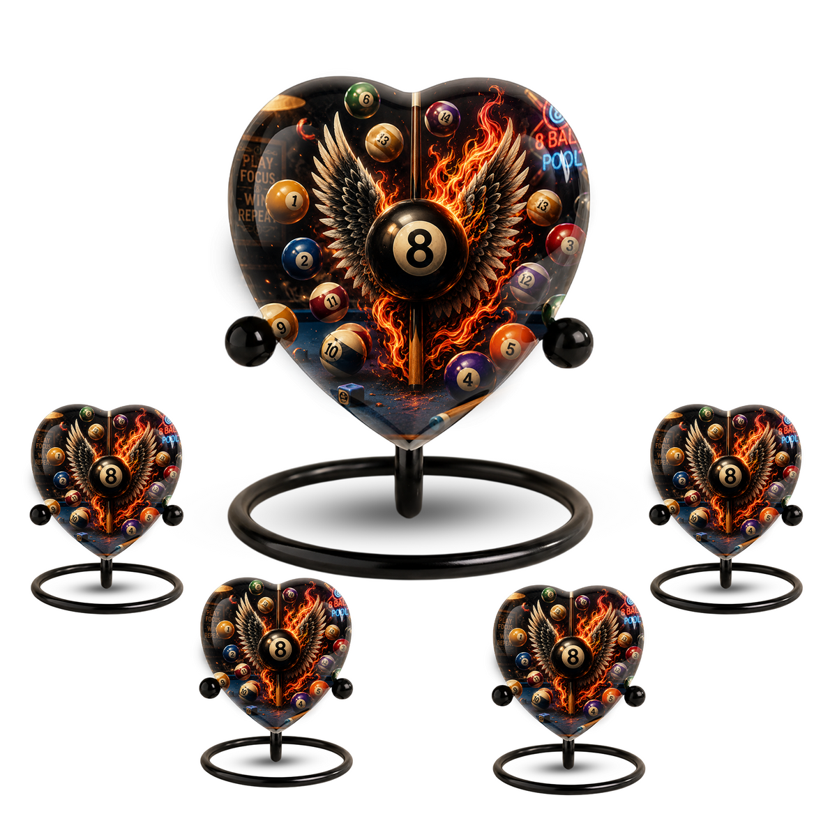 Billiards Cremation Urn, Pool Player Memorial Urn, Heart-Shaped Adult Cremation Urn with Flaming Wings
