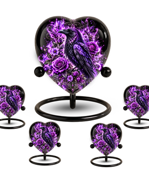 Purple Raven Heart Cremation Urn for Ashes, Raven Memorial Urn, Purple Floral Urn, Crow Urn for Ashes, Gothic Heart Cremation Urn