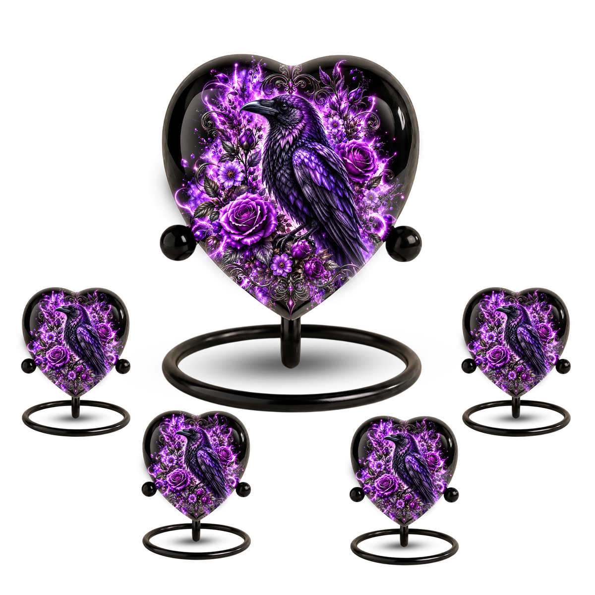 Purple Raven Heart Cremation Urn for Ashes, Raven Memorial Urn, Purple Floral Urn, Crow Urn for Ashes, Gothic Heart Cremation Urn