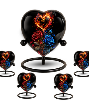 Fire and Roses Adult Cremation Urn for Ashes, Personalized Heart Urn, Red & Blue Rose Memorial Urn, Flame Cremation Urn, Adult Urn