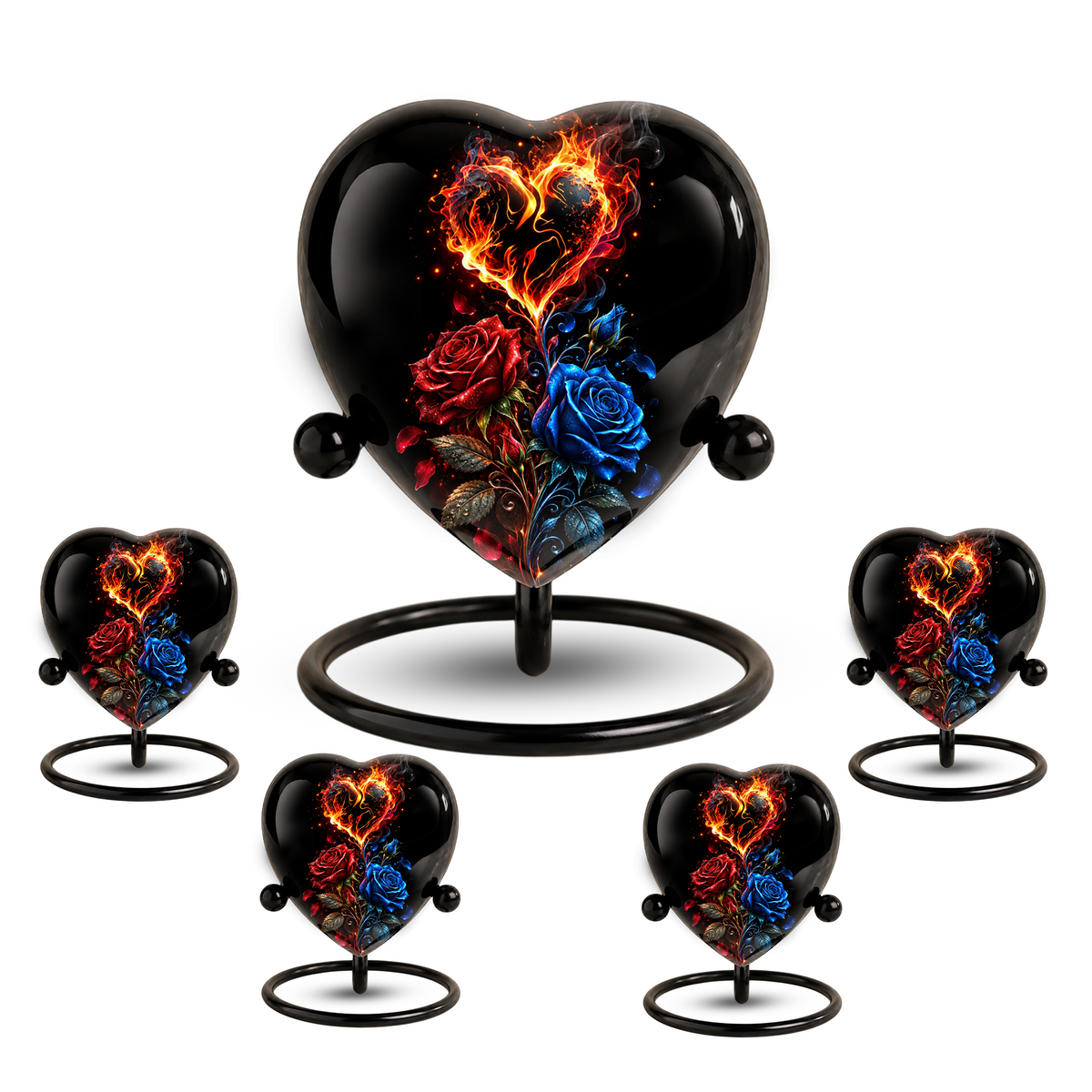 Fire and Roses Adult Cremation Urn for Ashes, Personalized Heart Urn, Red & Blue Rose Memorial Urn, Flame Cremation Urn, Adult Urn