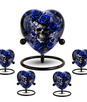 Blue Rose Skull Cremation Urn for Ashes, Gothic Memorial Urn, Blue Rose Urn, Skull Heart Urn, Personalized Adult Cremation Urn