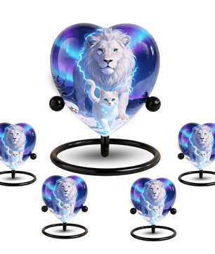 White Lion and White Cat Heart Memorial Urn – Adult Urn, Urns for Adult Ashes
