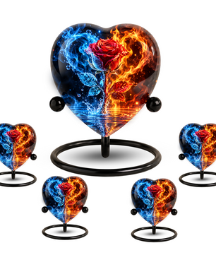 Heart Shaped Red Rose Urn for Ashes, Blue and Orange Flame Cremation Urn