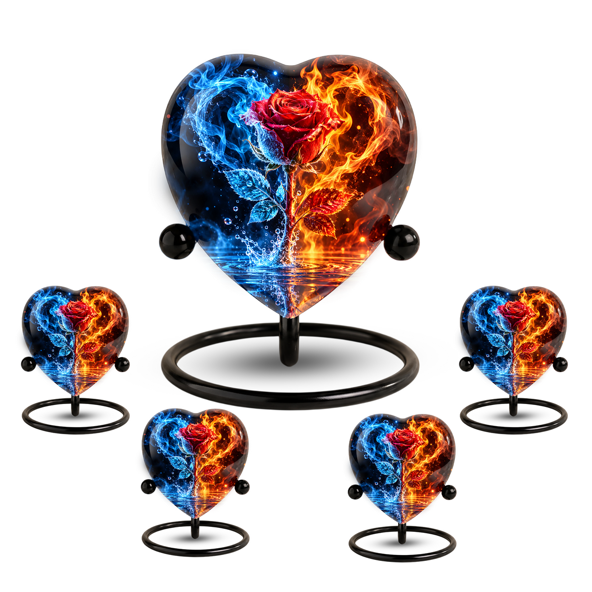 Heart Shaped Red Rose Urn for Ashes, Blue and Orange Flame Cremation Urn
