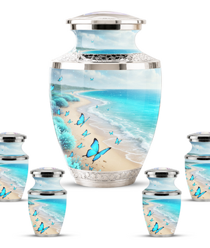 Blue Butterfly Beach Cremation Urn for Ashes - Custom Memorial Urn for Female