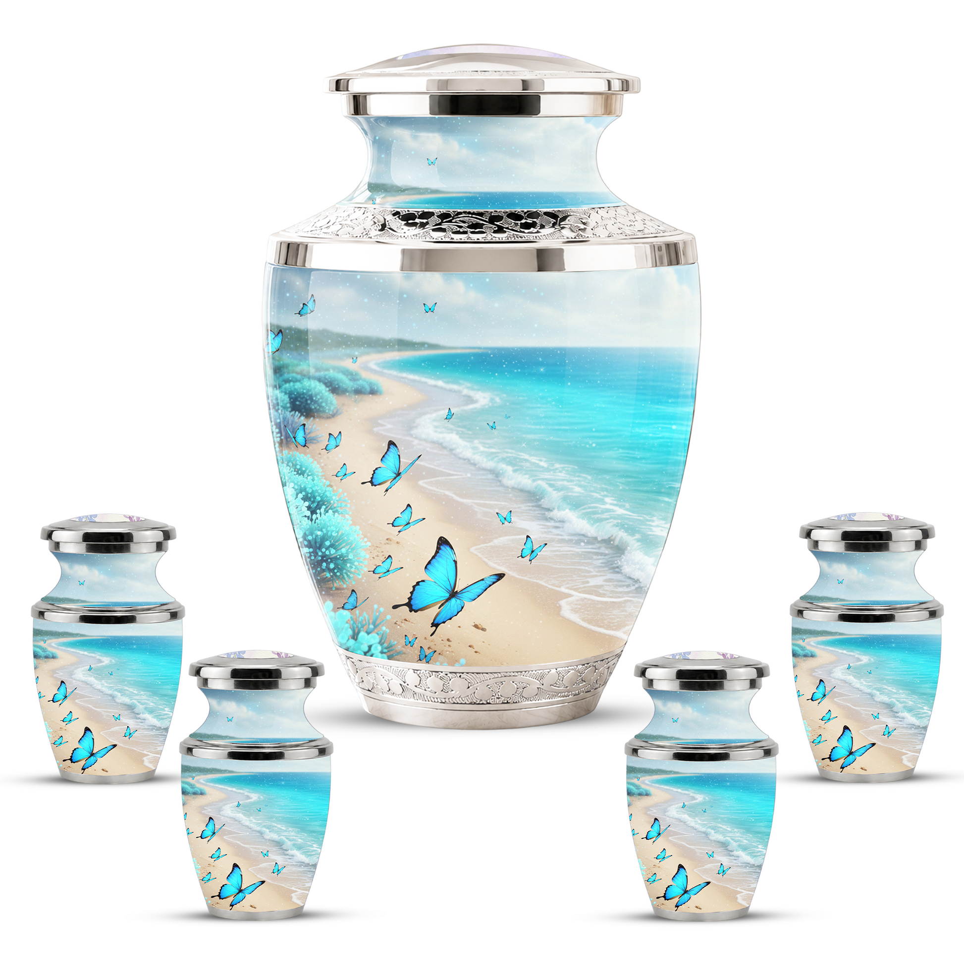 Blue Butterfly Beach Cremation Urn for Ashes - Custom Memorial Urn for Female