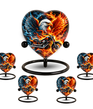 Heart Shaped Eagle Motorcycle Urn for Ashes, Phoenix Fire Cremation Urn, Biker Memorial Urn for Human Ashes