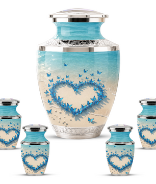 Custom Blue Butterfly Heart Cremation Urn for Mom, Beach Memorial Keepsake Urn