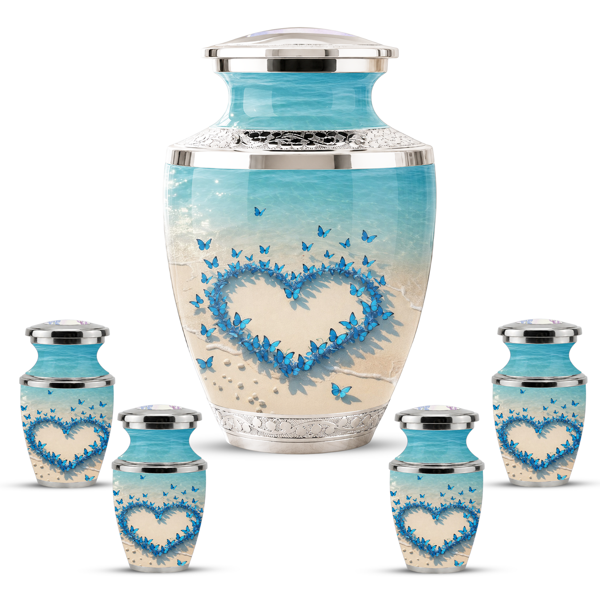 Custom Blue Butterfly Heart Cremation Urn for Mom, Beach Memorial Keepsake Urn
