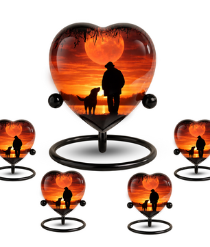 Heart Shaped Urn for Dad – Sunset Memorial Urn with Man & Dog, Personalized Urn for Dad,