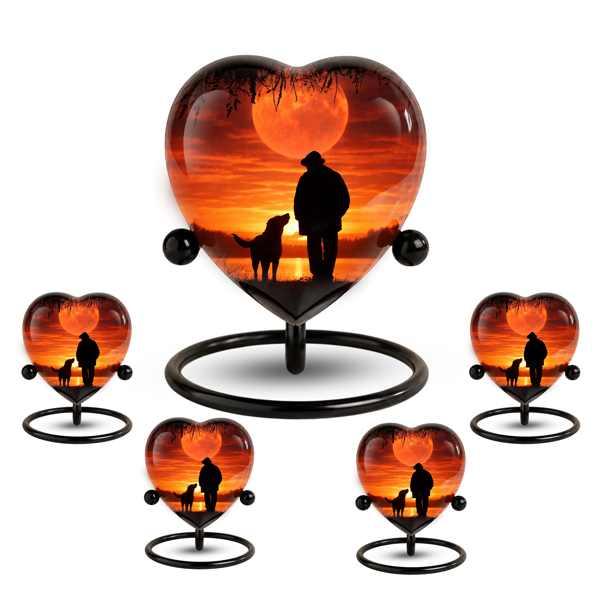 Heart Shaped Urn for Dad – Sunset Memorial Urn with Man & Dog, Personalized Urn for Dad,