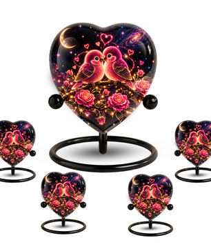 Heart Shaped Love Birds Urn for Ashes, Romantic Pink Birds Cremation Urn