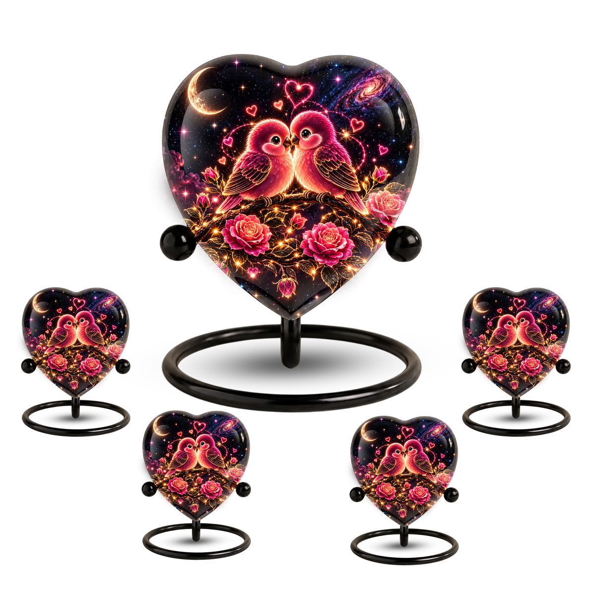 Heart Shaped Love Birds Urn for Ashes, Romantic Pink Birds Cremation Urn