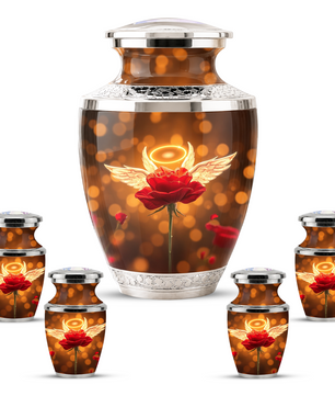 Red Rose Angel Cremation Urn for Ashes, Funeral Flower Memorial Urn for Adults