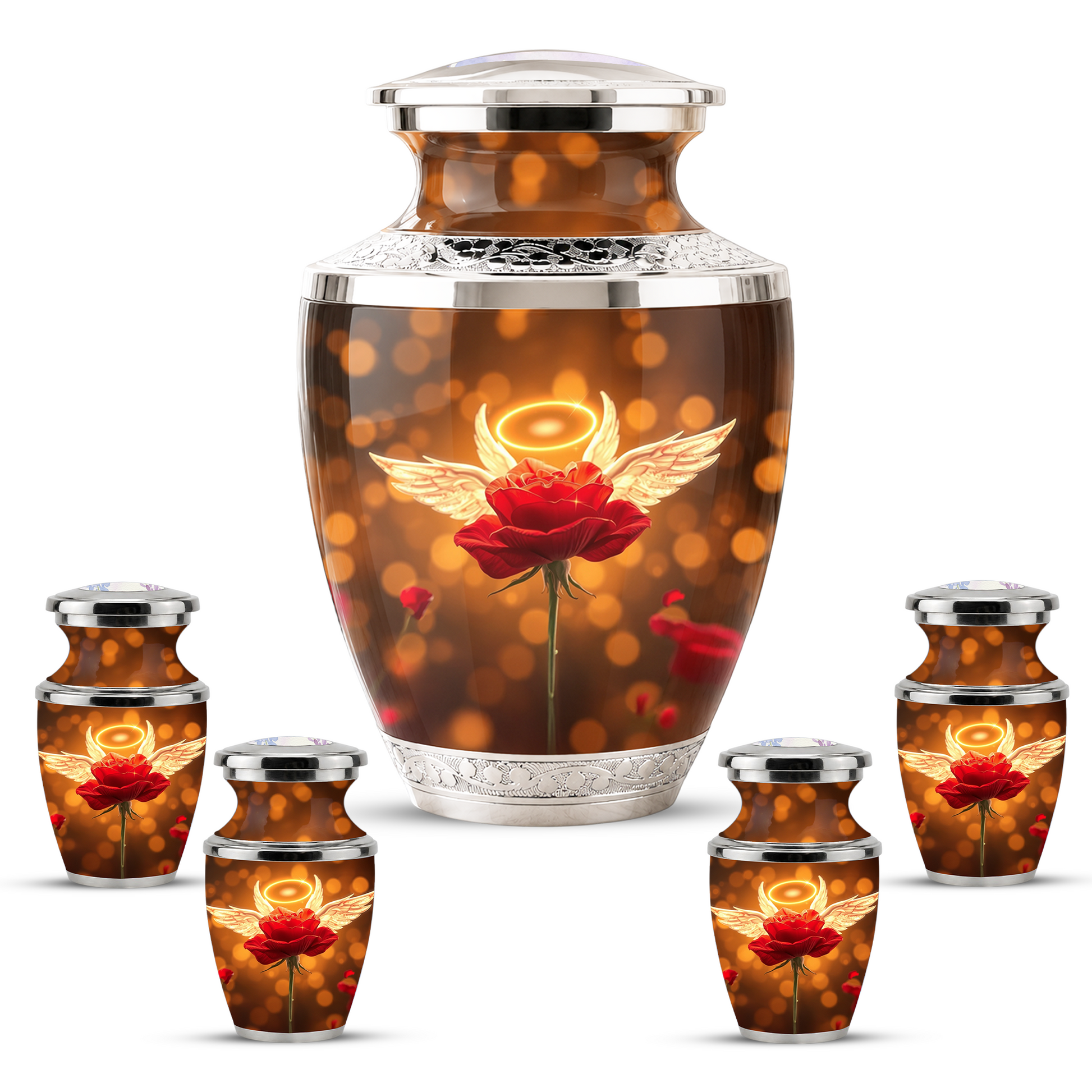Red Rose Angel Cremation Urn for Ashes, Funeral Flower Memorial Urn for Adults