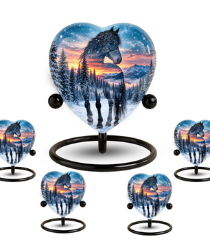 Heart Shaped Horse Urn for Ashes, Winter Mountain Sunset Cremation Urn