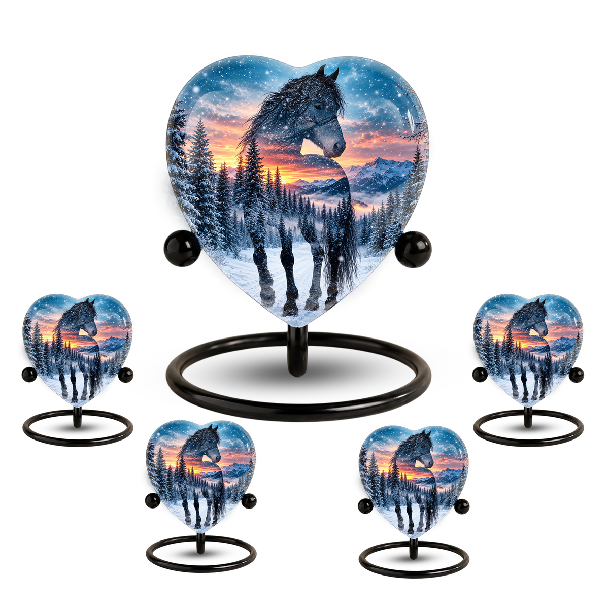 Heart Shaped Horse Urn for Ashes, Winter Mountain Sunset Cremation Urn