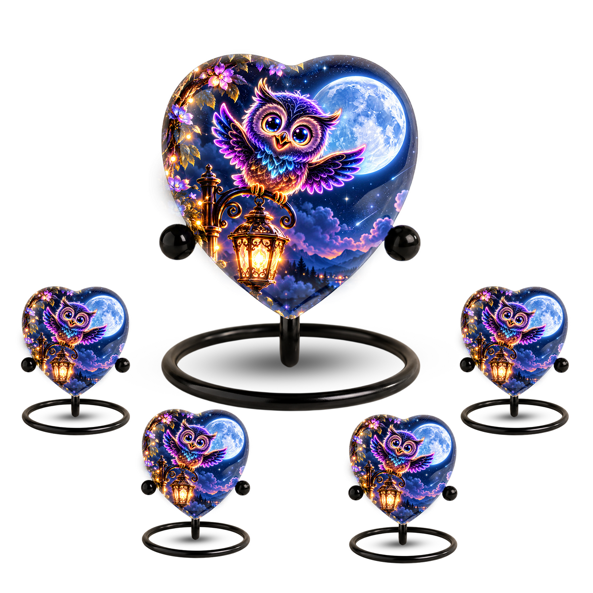 Heart-Shaped Owl Cremation Urn for Ashes – Personalized Night Sky Memorial Urn